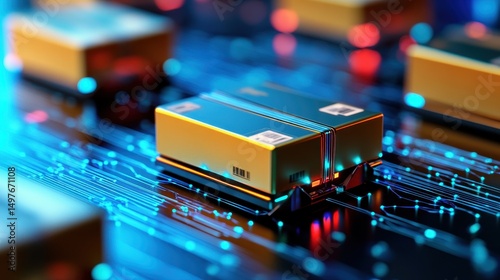 Futuristic packages on a digital circuit board, symbolizing smart logistics and high-tech delivery systems.