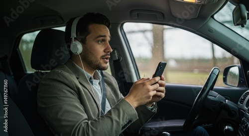 Man in car wearing headphones looking at smartphone while driving.