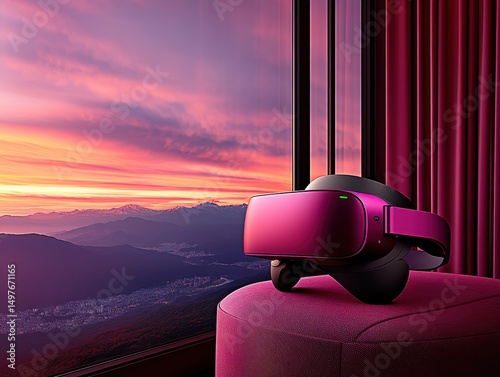 A virtual reality headset sits on a pink ottoman by a window, overlooking a stunning mountain sunset with vibrant colors in the sky.