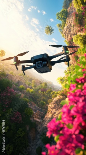 A drone flies over a vibrant canyon with lush greenery and colorful flowers under a bright sky.