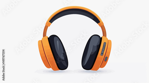 A digital rendering depicts a pair of over-ear headphones. The headphones feature a predominantly orange exterior with black earcups. The earcups appear plush and padded. The headband is visible.