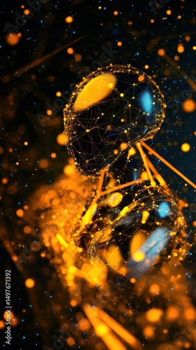 A futuristic digital human figure composed of glowing orange and blue network lines and dots in a dark, abstract space.