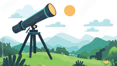 A vibrant vector illustration showcases a dark-grey astronomical telescope positioned on a three-legged stand in a verdant meadow. The telescope is angled towards a stylized yellow sun positioned.