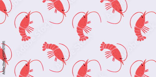 Seamless pattern with red watercolor shrimps on pastel background. Hand drawn marine crustaceans in flat doodle style. Vector repeat design for wrapping paper or textile surface.