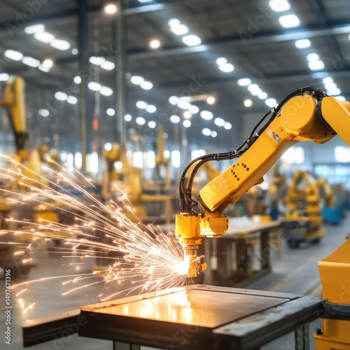 Industrial robotic arm welding metal with sparks in a modern manufacturing factory.