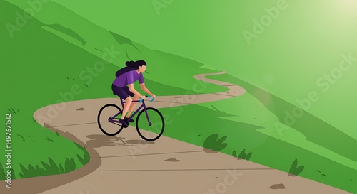 Woman Cycling on Scenic Path Through Green Hills Outdoor Activity