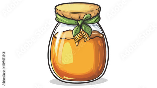 A digital illustration depicts a clear glass jar with an oval body, filled with golden-amber honey. The jar features a light-brown screw-top lid, adorned with a light-green ribbon tied in a bow. A.