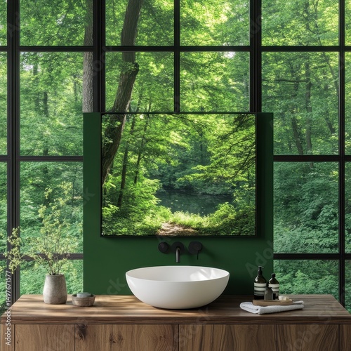 Modern bathroom with a round sink, wooden counter, and large windows overlooking a lush green forest.