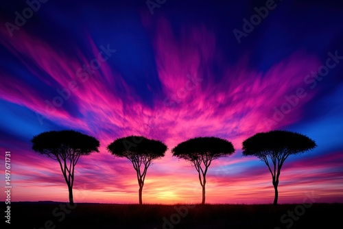 Four silhouetted trees stand against a vivid, colorful sunset sky with dramatic pink, purple, and blue clouds.