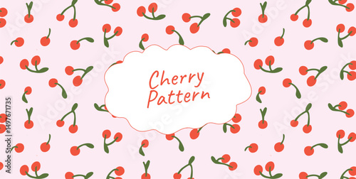 Seamless pattern with red cherries on pastel background. Hand drawn fruit repeat texture for summer wrapping, textile, picnic design. Flat colorful vector illustration.