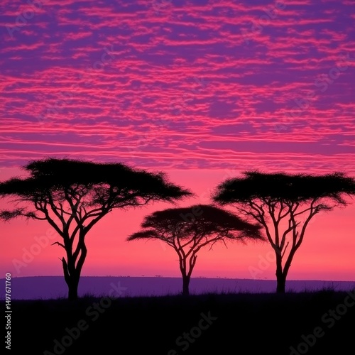Three silhouetted acacia trees stand against a vibrant pink and purple sunset sky on an open savannah.