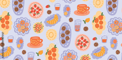 Seamless picnic pattern with tea cups, cookies, croissants, cherry tart, strawberry pie, citrus fruits and juice glasses. Summer sweet brunch repeat. Vector illustration.