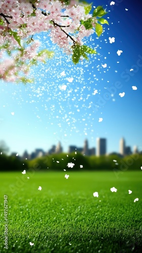Cherry blossoms fall gently onto a green field with a city skyline in the background under a clear blue sky.
