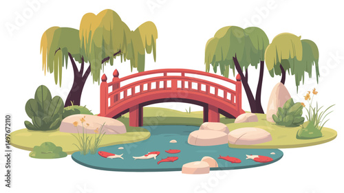 A digital illustration depicting a whimsical Japanese garden scene. The focal point is a vibrant red arched wooden bridge spanning a tranquil pond populated with orange and white koi fish.