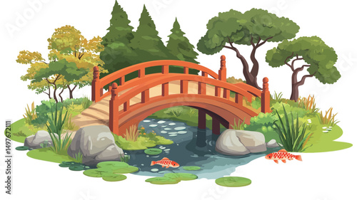 A digital illustration depicting a picturesque Japanese-style garden scene. The focal point is a vibrant red arched wooden bridge spanning a small stream. The stream contains several koi fish and.
