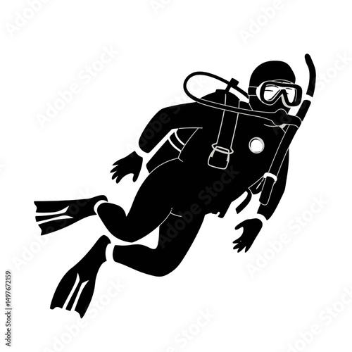 A silhouette of a scuba diver is positioned