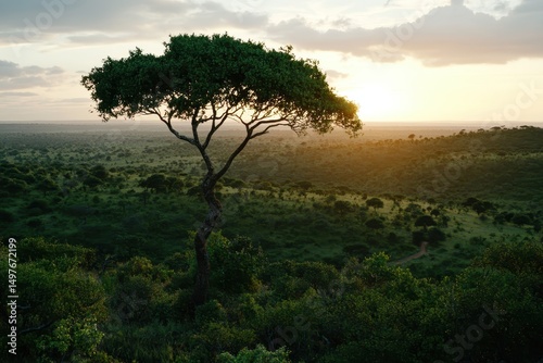 A lone acacia tree stands tall in a vast green savannah at sunset, with golden sunlight illuminating the landscape.