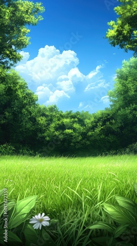A lush green meadow with tall grass, surrounded by trees under a bright blue sky with fluffy white clouds.
