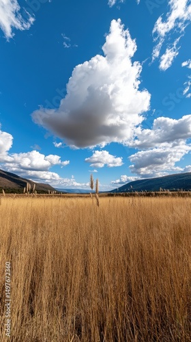A golden field of tall grass under a bright blue sky with large, fluffy clouds and distant mountains.