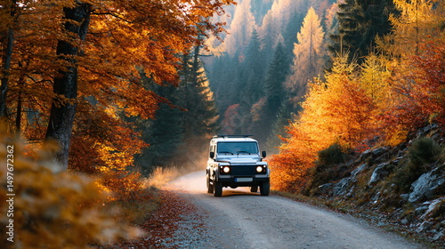 White sport utility car driving on a dirt road through a forest in colorful autumn foliage. Fall season concept.
