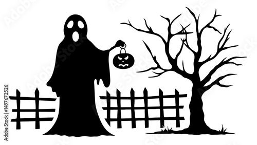 Spooky halloween scene with ghost carrying pumpkin and bare tree 