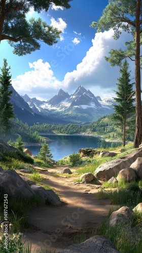 A scenic mountain landscape with a clear lake, pine trees, a rocky path, and snow-capped peaks under a bright blue sky with clouds.