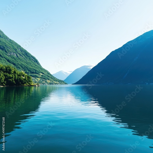 Serene lake nestled between tall, green mountains with clear blue skies and calm reflective water.
