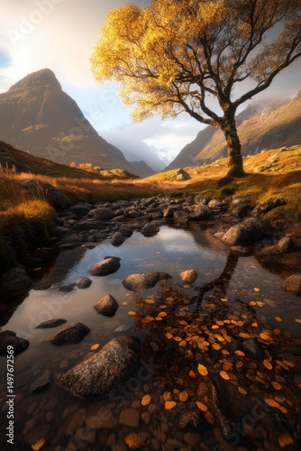A golden tree stands by a serene mountain stream, surrounded by rocks and autumn foliage under dramatic sunlight.
