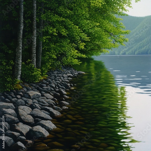 A calm lakeshore with leafy trees, rocky shoreline, and distant forested hills reflected in the clear water.