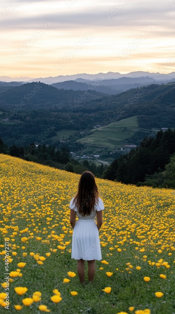 Fototapeta premium A girl wearing a white dress stands still in a poppy field during the golden hour, surrounded by mountains and a colorful sky
