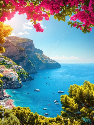 A vibrant coastal village with colorful homes, lush flowers, and boats on a sparkling blue sea under a sunny sky.