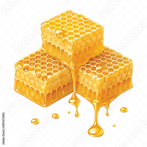 realistic smooth glossy honeycombs with liquid honey drops isolated on transparent background