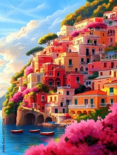 Vibrant cliffside houses overlook a serene blue sea, surrounded by lush greenery and blooming flowers under a sunny sky.