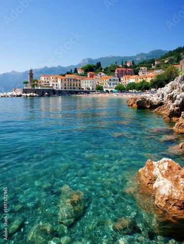 A picturesque coastal village with colorful buildings, clear turquoise water, rocky shoreline, and mountains in the background under a bright blue sky.