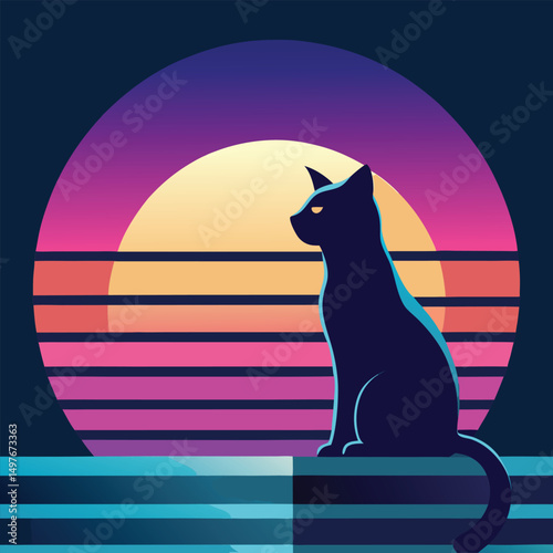 Retro Sunset Silhouette A Stylish Cat Illustration