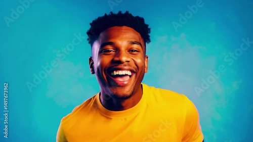 Horizontal video, happy young Black man smiling on a light blue background