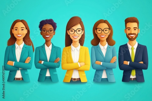 Diverse group of professional business people smiling confidently with arms crossed in colorful suits against a bright turquoise background