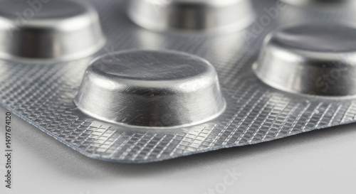 Close-up shows a blister pack with metallic silver domes on a white surface.