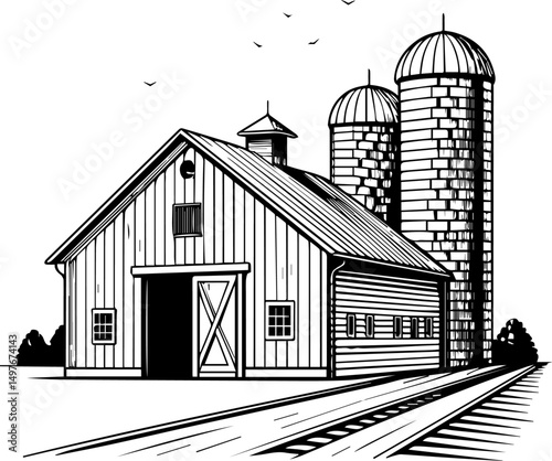 ustic Old Barn and Silo - Vintage Farm Illustration