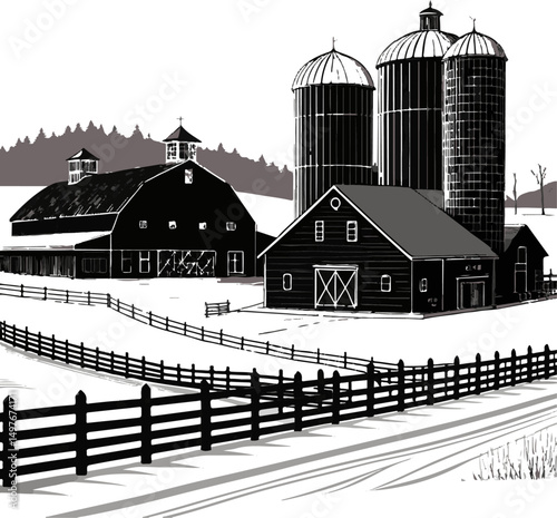 Rustic Barn with Silo Silhouette - Traditional Farm Vector Art