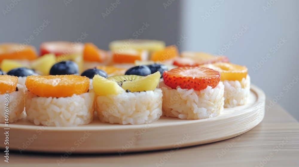 Colorful fruit sushi on wooden plate. Colorful fruit sushi on wooden plate.