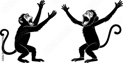 Funny Cartoon Monkeys Arguing or Celebrating - Vector Silhouette Illustration