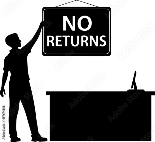 No Returns Policy Sign with Employee Silhouette at Counter - Vector Illustration
