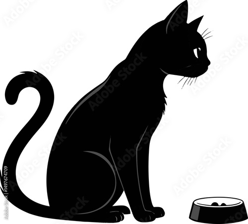 Black Cat Sitting by Food Bowl Clipart - Pet Mealtime Silhouette