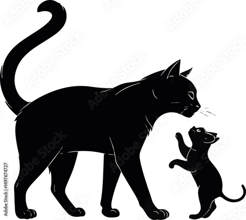 Black Cat and Kitten Silhouette - Mother and Baby Feline Bond Clipart