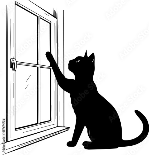 Curious Black Cat Silhouette Reaching for Window - Indoor Pet Life Vector