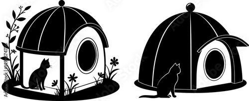 Two Stylized Cat Houses with Feline Silhouettes - Pet Home Vector Illustration Set