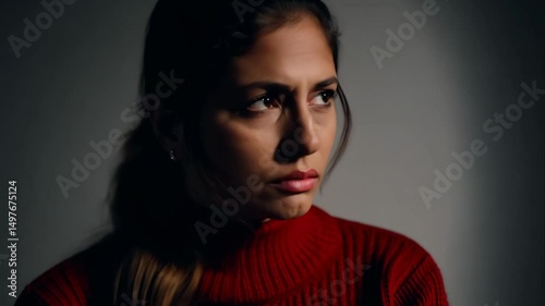 Horizontal video, sad girl, young woman in a red sweater on a gray background