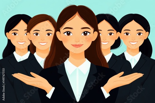 Confident business team of women in suits showing teamwork and unity with smiling faces, ready to collaborate on innovative solutions for success