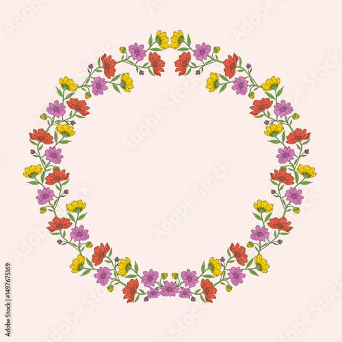 Floral wreath design with colorful flowers.